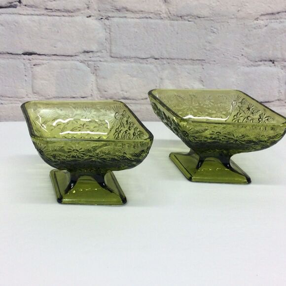Vintage Indiana Glass Olive Green Diamond Shape Pedestal Candy Dish Bowl Set 2 - Picture 12 of 12